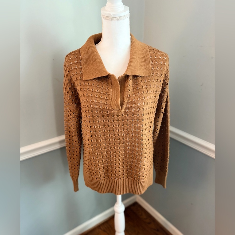 Joie Open Knit Polo V-Neck Sweater Top Camel Tan Long Sleeve Women’s Medium